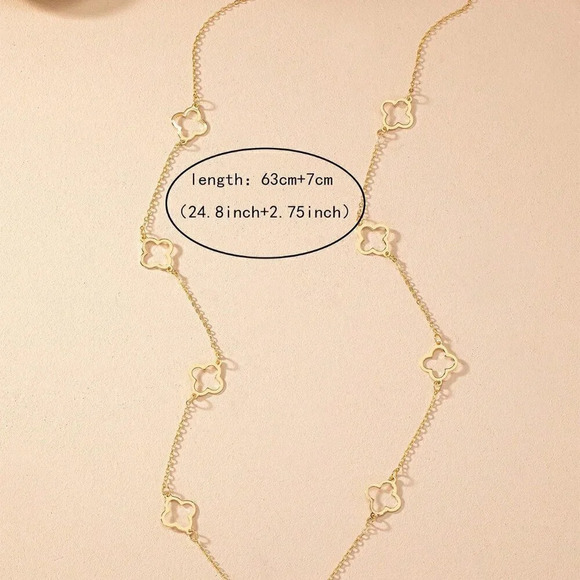 Yellow Gold Women's One Hollow Out Clover Pendant Long Chain Vintage Neclace - Picture 4 of 6